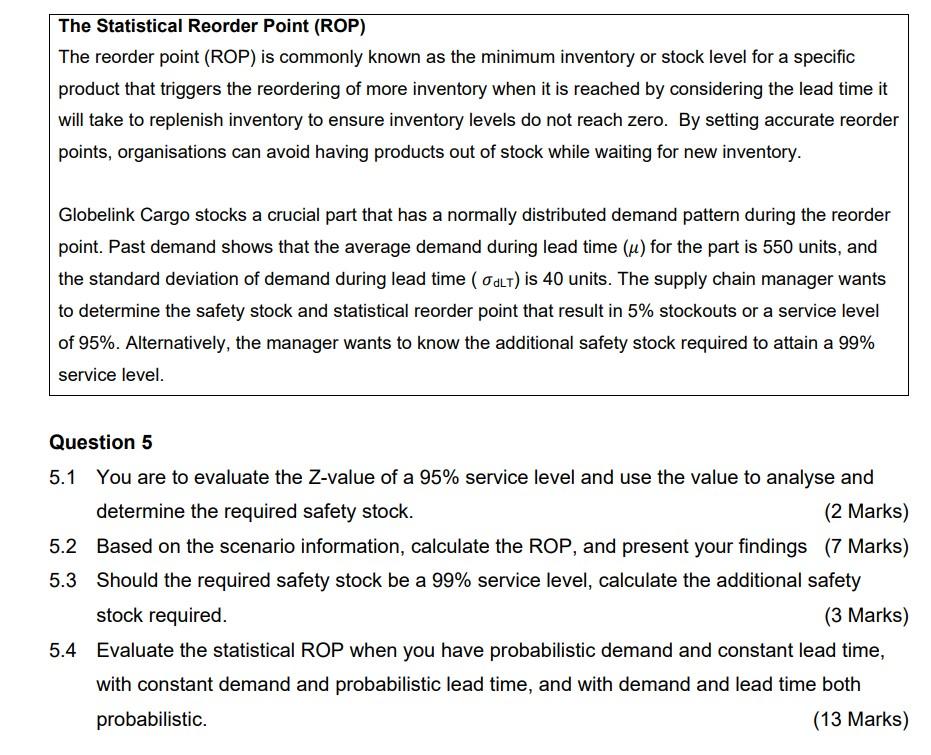 Solved The Statistical Reorder Point (ROP) The reorder point | Chegg.com