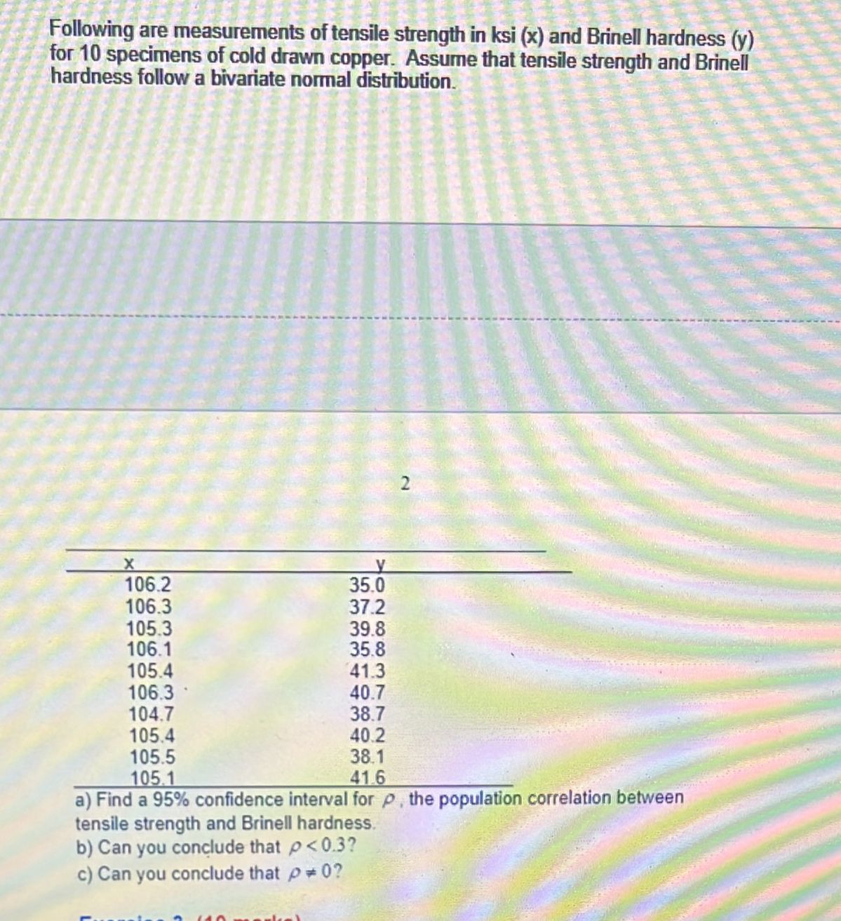 Following are measurements of tensile strength in \( k s i(x) \) and Brinell hardness (y) for 10 specimens of cold drawn copp