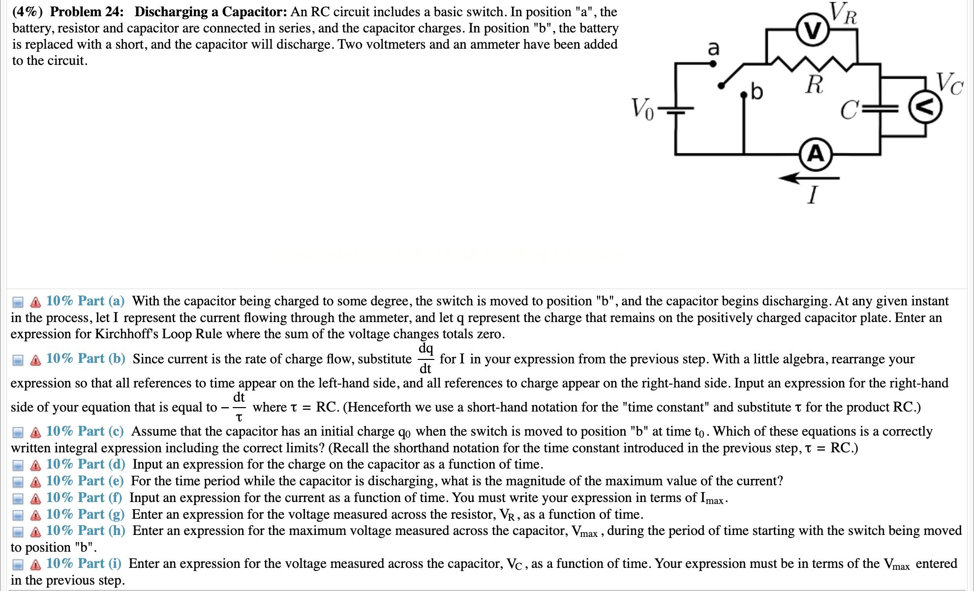 Solved (4\) Problem 24 Discharging a Capacitor An RC