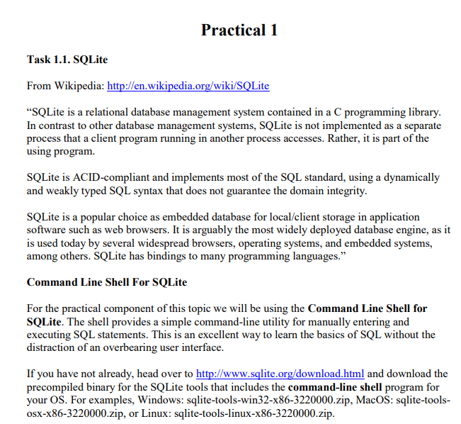 Practical 1 Task 1.1. SQLite From Wikipedia: | Chegg.com
