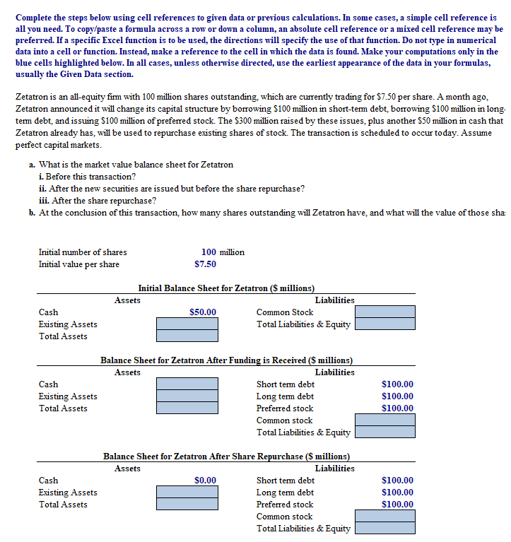 Solved Complete the steps below using cell references to | Chegg.com