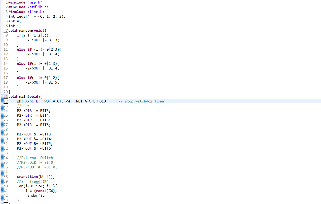 Solved I am trying to make a random external LEDs code but | Chegg.com