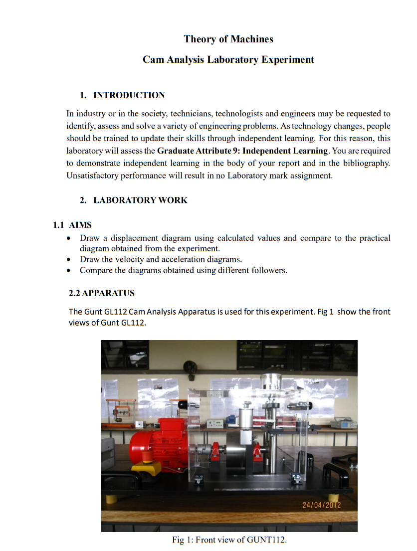 Solved Theory of Machines Cam Analysis Laboratory Experiment | Chegg.com