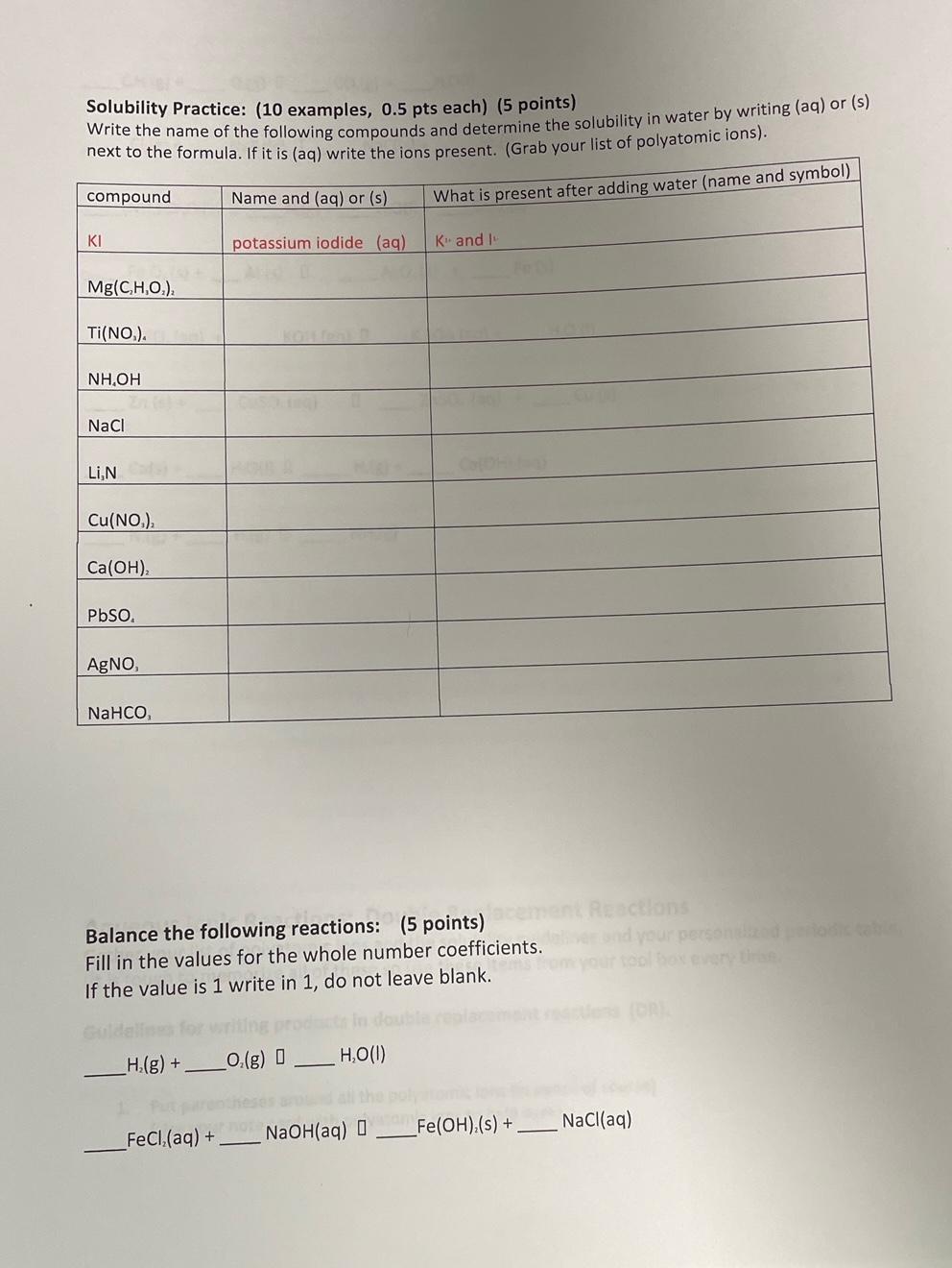 Solved Solubility Practice: (10 examples, 0.5 pts each) (5 | Chegg.com