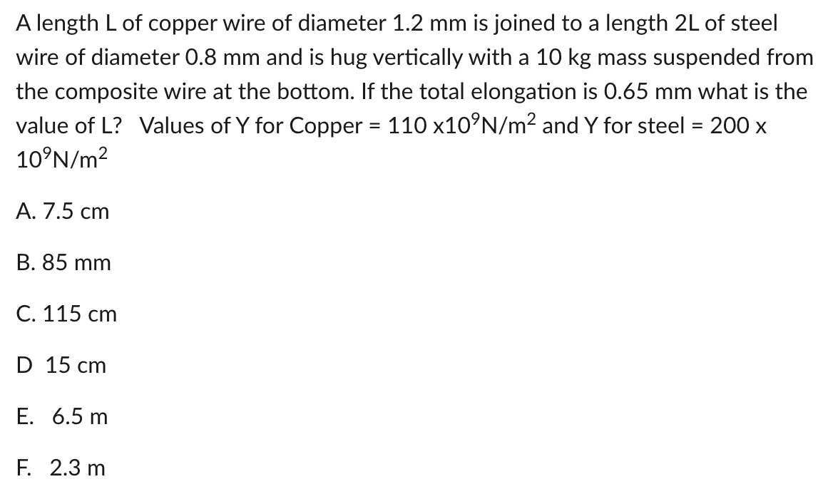 Solved A length L of copper wire of diameter 1.2 mm is