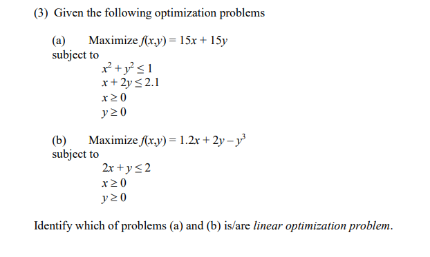 Solved (3) Given The Following Optimization Problems (a) | Chegg.com