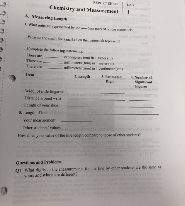 Solved REPORT SHEET LAB Chemistry and Measurement A.