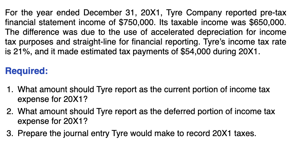 Solved For The Year Ended December 31,20X1, Tyre Company | Chegg.com