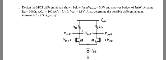 Solved 1. Design the MOS differential pair shown below for | Chegg.com