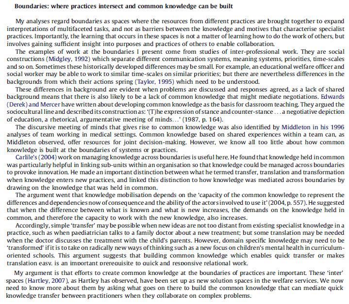 Boundaries: where practices intersect and common knowledge can be built
My analyses regard boundaries as spaces where the res
