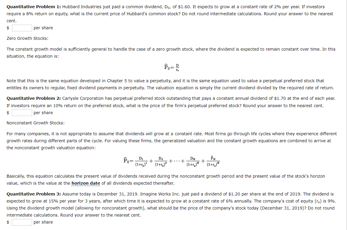 Solved Quantitative Problem 1: Hubbard Industries Just Paid | Chegg.com