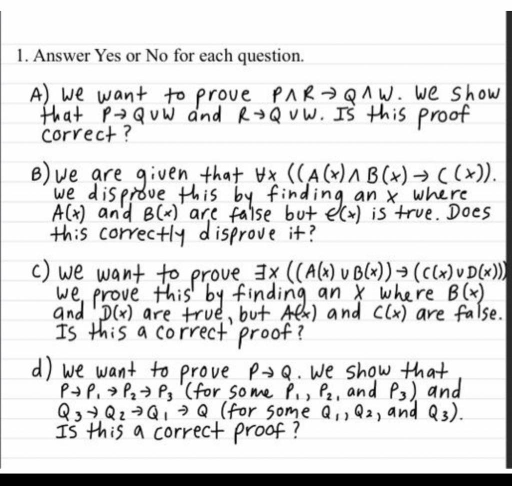 Solved 1. Answer Yes or No for each question. A) we want to | Chegg.com