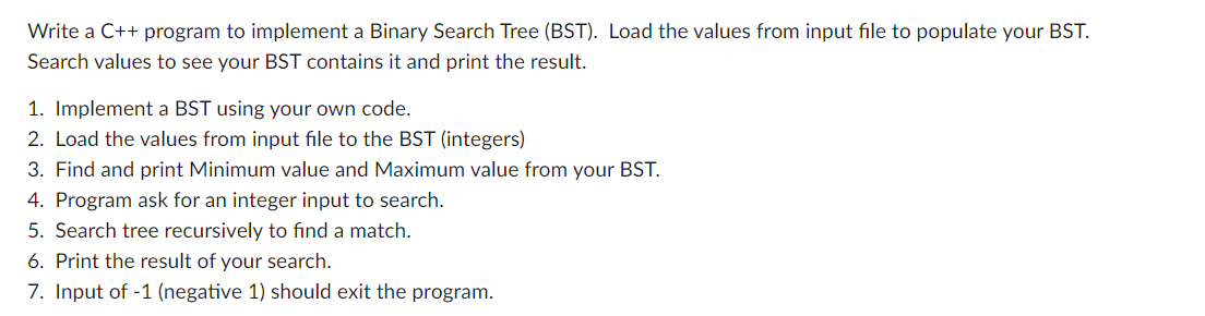 Solved Write a C++ program to implement a Binary Search Tree | Chegg.com