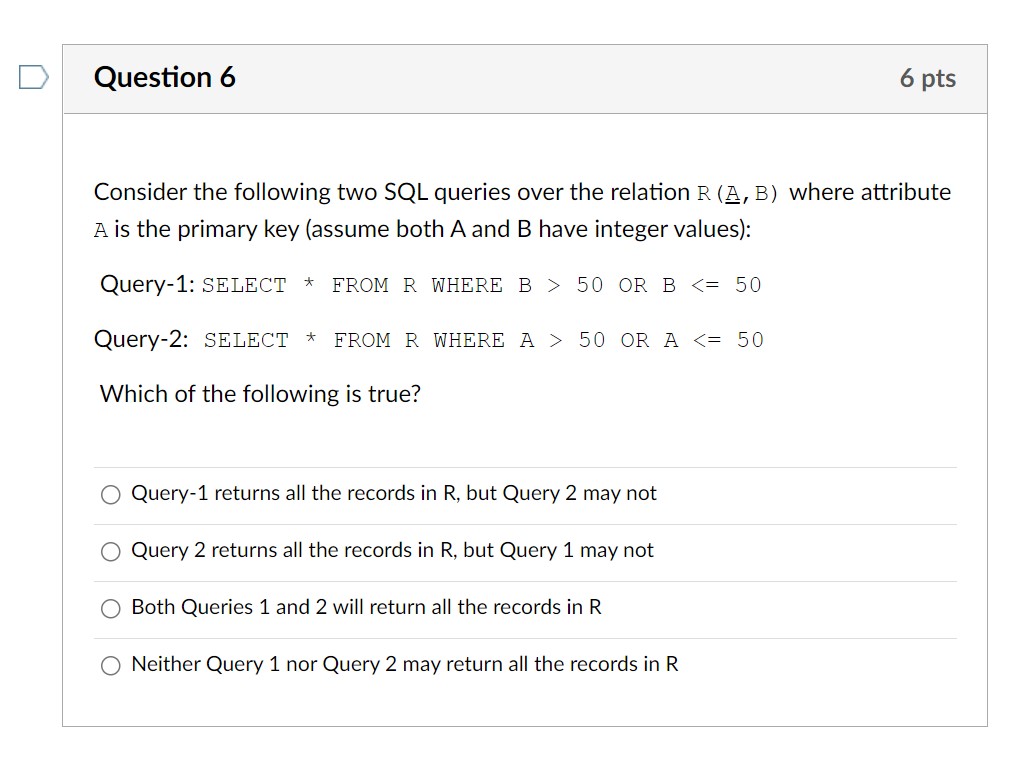 Solved Consider the following two SQL queries over the | Chegg.com