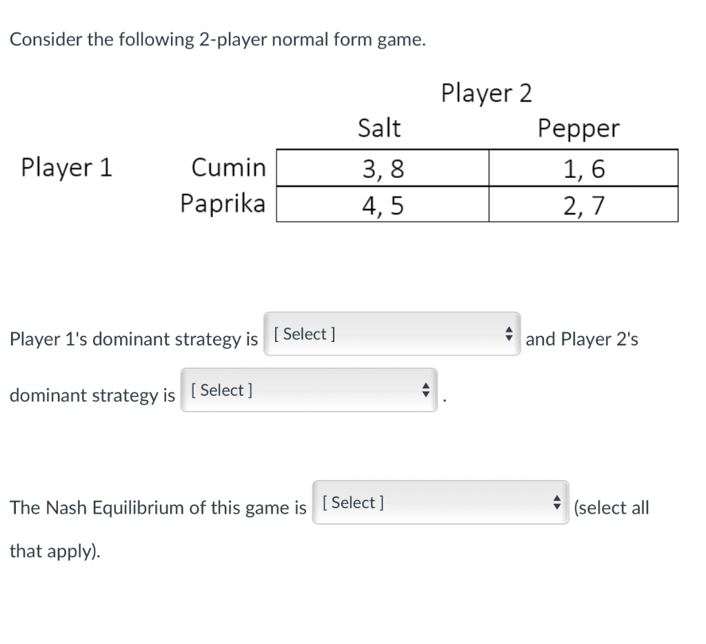 Solved Consider the following 2-player normal form game. | Chegg.com