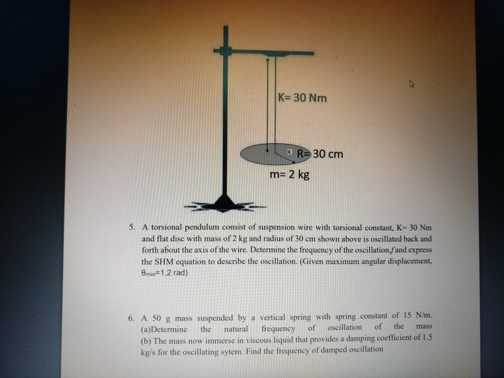Solved K= 30 Nm R= 30 cm m= 2 kg 5. A torsional pendulum