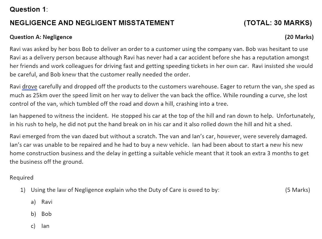 Solved Question 1: NEGLIGENCE AND NEGLIGENT MISSTATEMENT | Chegg.com