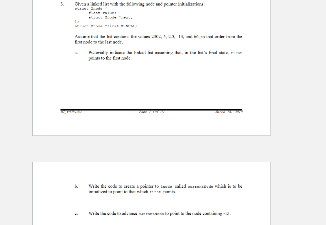 Solved 3. Given a linked list with the following node and | Chegg.com
