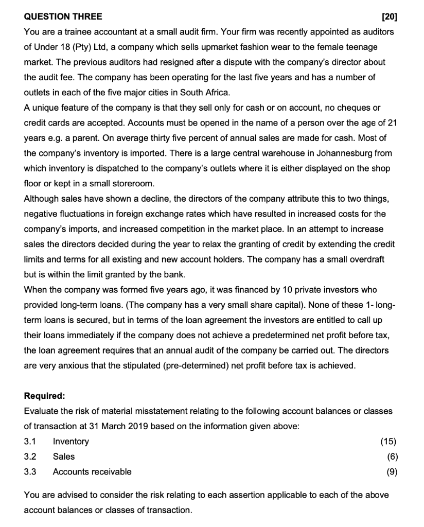 Solved QUESTION THREE [20] You are a trainee accountant at a | Chegg.com