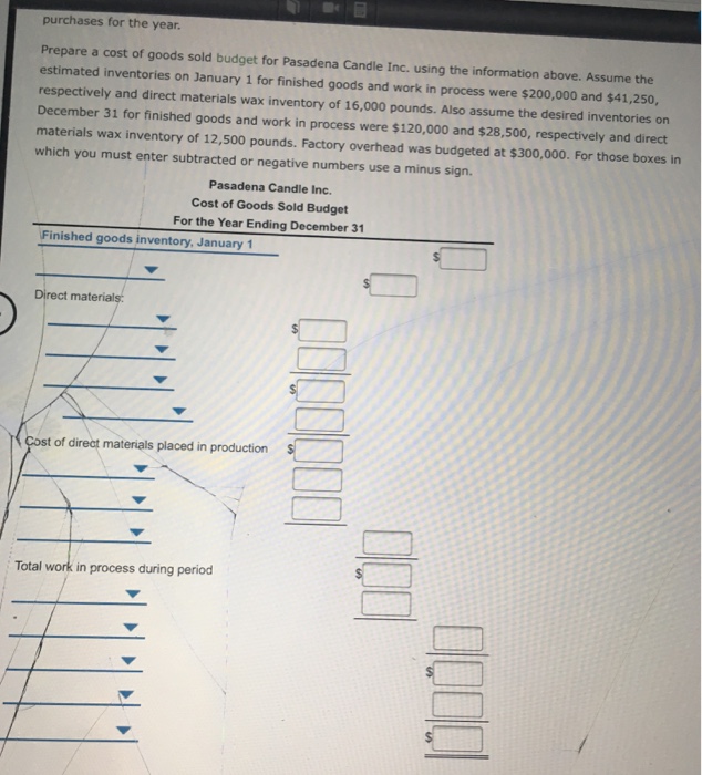 Solved Cost of goods sold budget Pasadena Candle Inc.