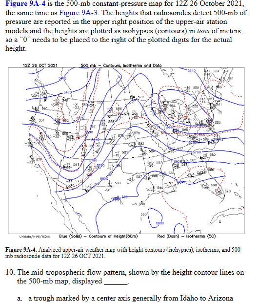 Figure 9A-4 is the 500 -mb constant-pressure map for \( 12 \mathrm{Z} 26 \) October 2021 , the same time as Figure 9A-3. The 