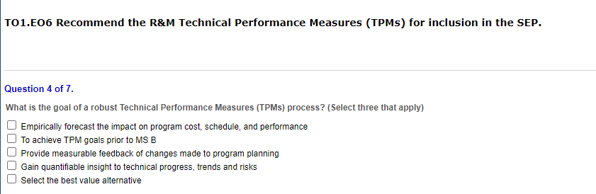 Solved TO1.E06 Recommend the R&M Technical Performance | Chegg.com