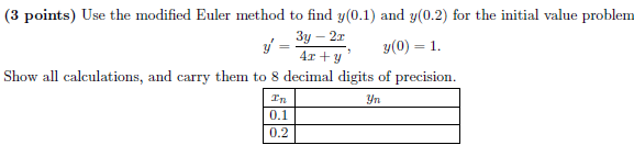 Solved (3 points) Use the modified Euler method to find | Chegg.com