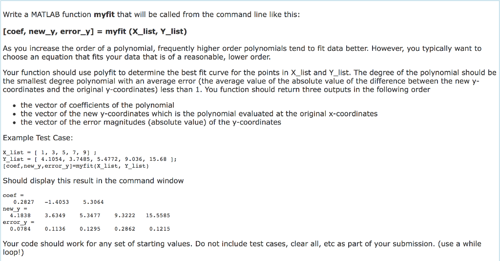 Solved Write a MATLAB function myfit that will be called | Chegg.com