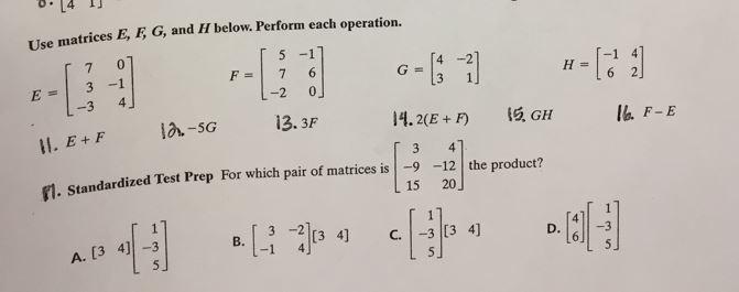 Solved Use matrices E,F,G, and H below. Perform each | Chegg.com