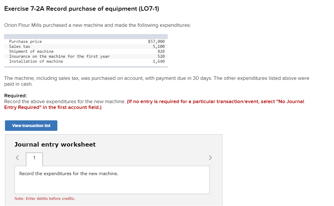 Solved Exercise 72A Record purchase of equipment (LO71)