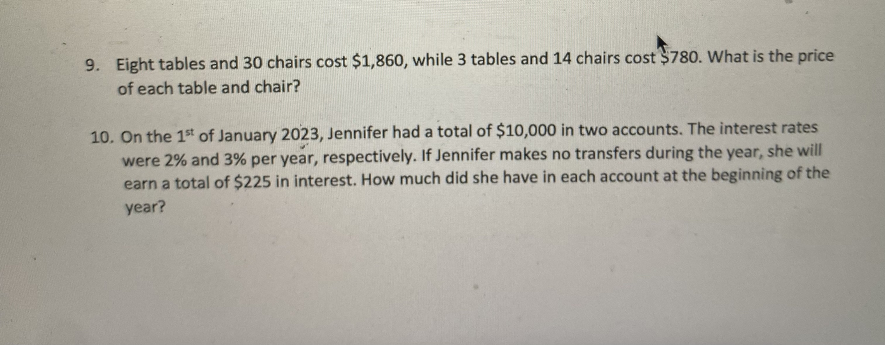 Solved 9. Eight tables and 30 chairs cost 1,860, while 3