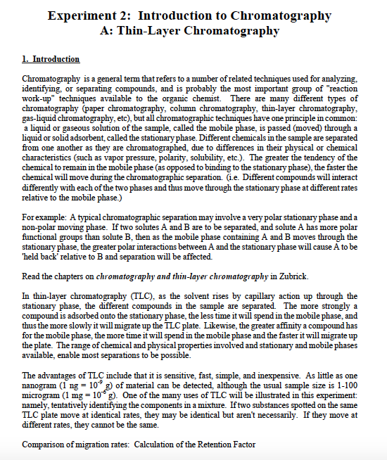 Solved Experiment 2 Introduction to Chromatography A