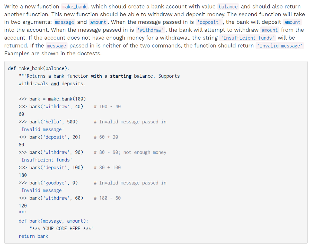 Solved Write a new function make_bank, which should create a | Chegg.com