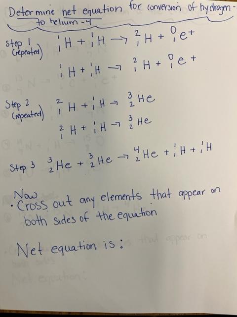 Determine net equation for conversion of hydrogen-
to helium - 4
Step !
(repeated)
H+H²H+e+
H+H ? ²H + e +
Step 2
(repeated) 