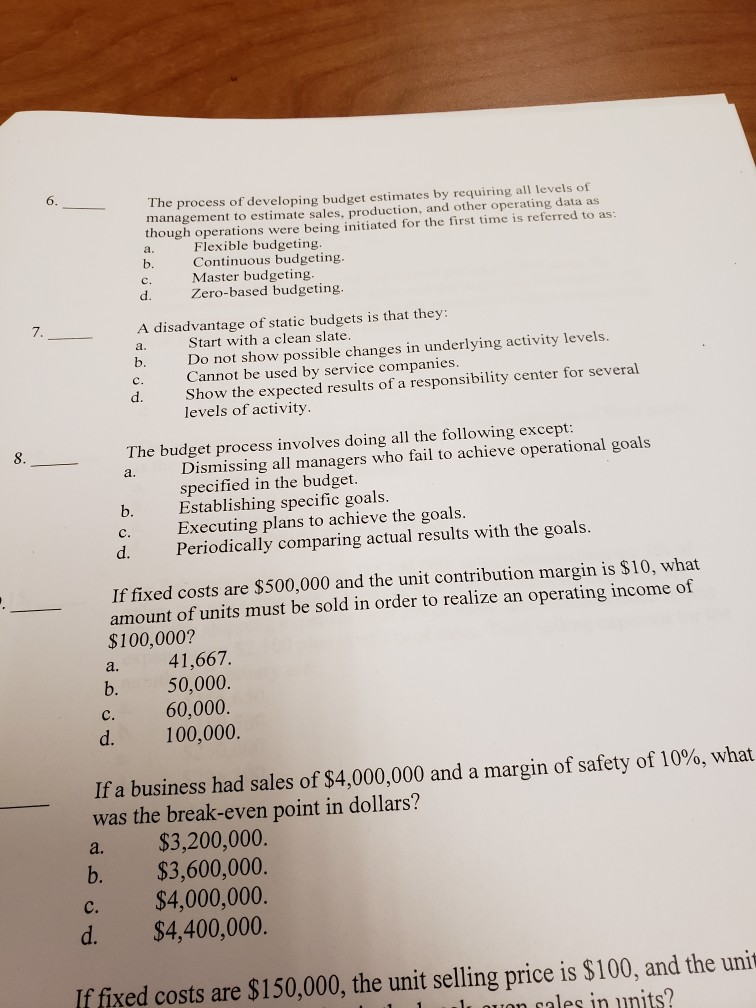 Solved 6. The process of developing budget estimates by