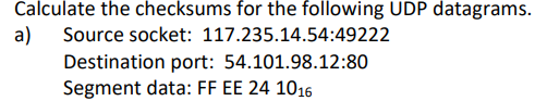 Solved Calculate The Checksums For The Following UDP | Chegg.com