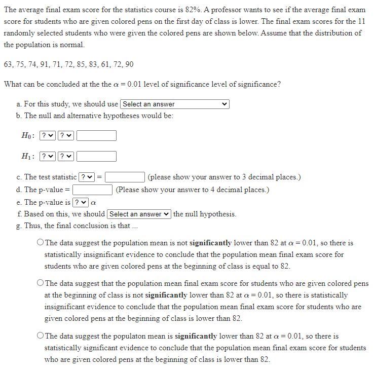 Solved The average final exam score for the statistics | Chegg.com