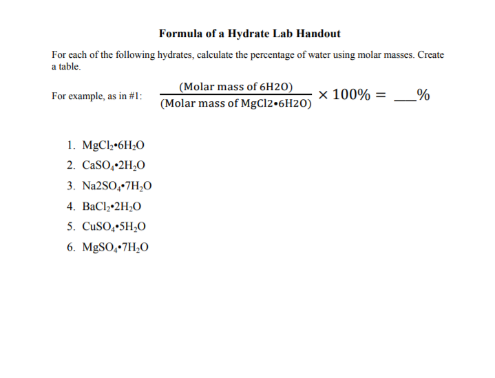 Solved Formula Of A Hydrate Lab Handout For Each Of The | Chegg.com