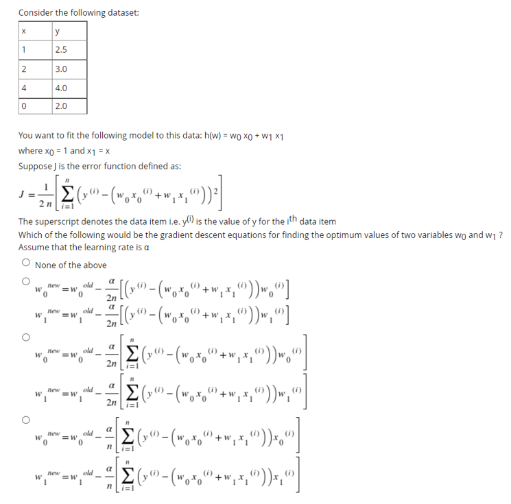 Solved Consider the following dataset: х у 1 2.5 3.0 N 4 4.0 | Chegg.com