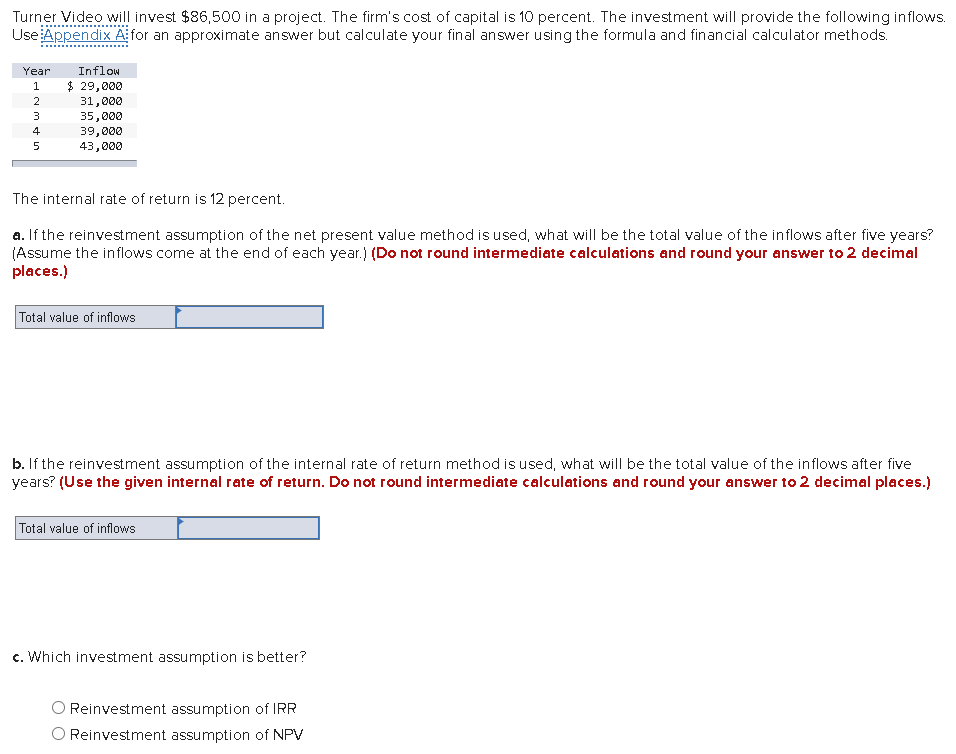 Solved Turner Video will invest $86,500 in a project. The | Chegg.com