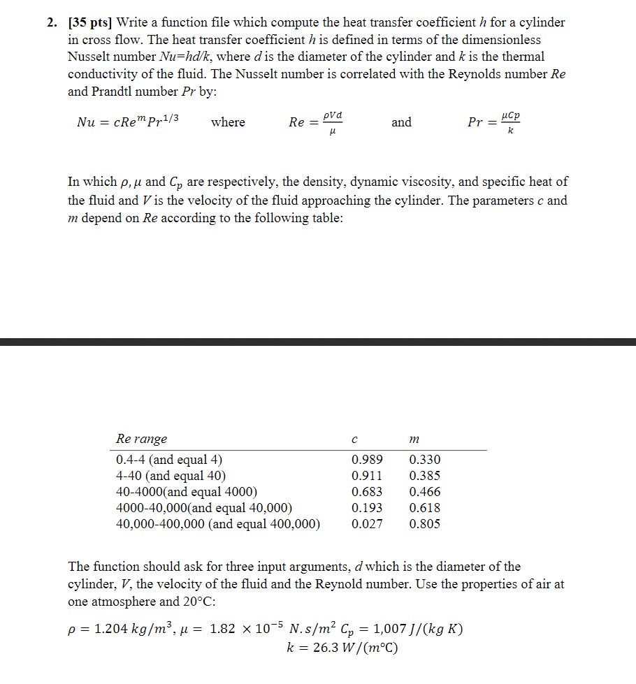 Solved 2. [35 pts] Write a function file which compute the | Chegg.com