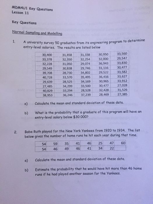 Solved MDM4U1 Key Questions Lesson 11 Key Questions Normal | Chegg.com