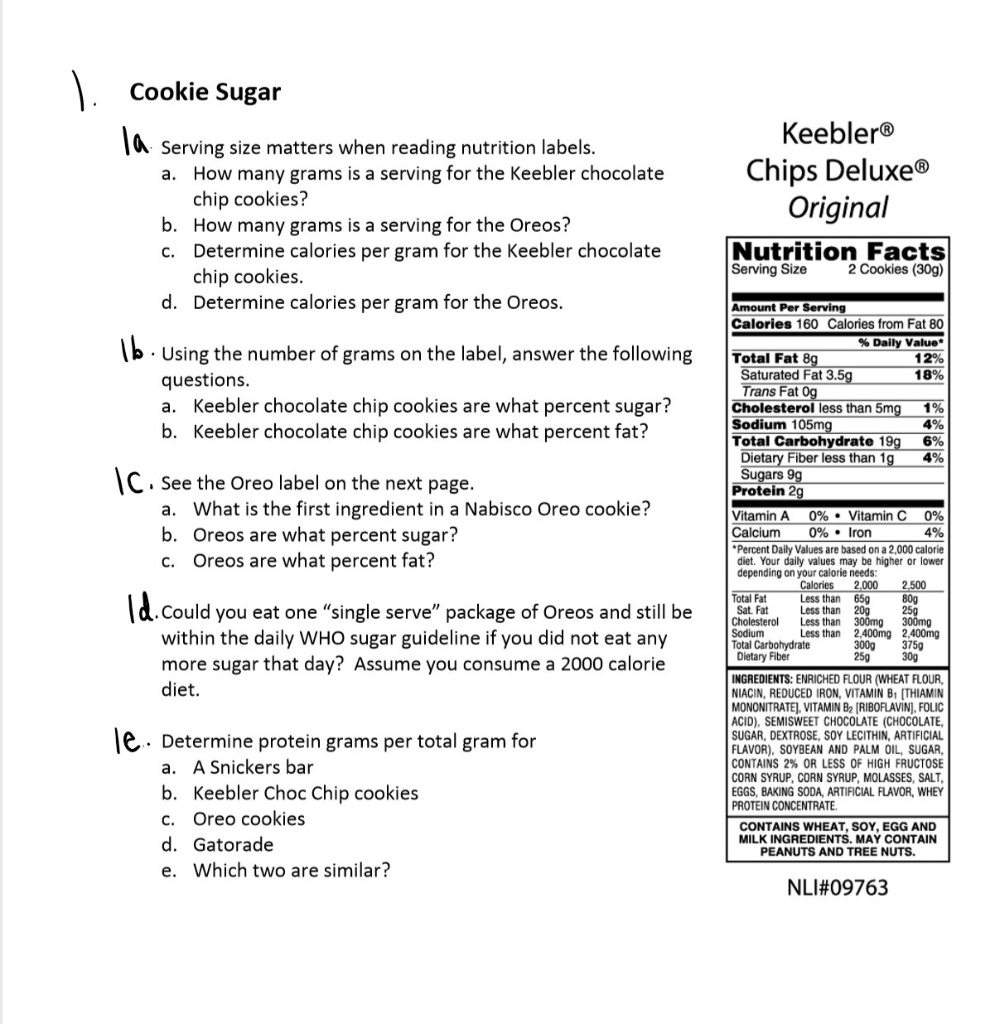 Solved Cookie Sugar Serving size matters when reading  Chegg.com For Nutrition Label Worksheet Answer