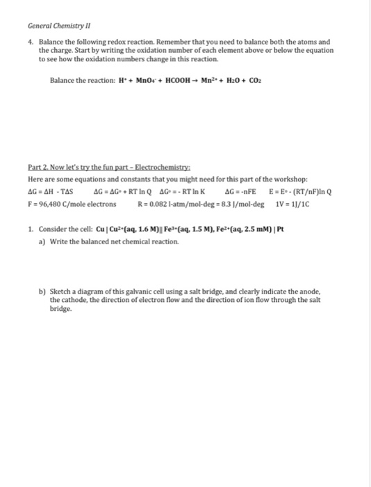 Solved General Chemistry II Workshop 9: Redox Reactions and | Chegg.com