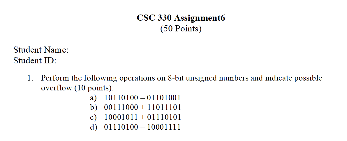Solved CSC 330 Assignment (50 Points) Student Name: Student | Chegg.com