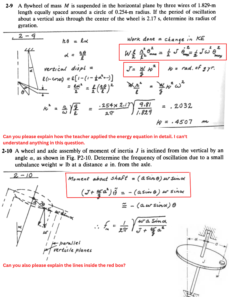 2-9 A flywheel of mass \( M \) is suspended in the horizontal plane by three wires of \( 1.829-\mathrm{m} \) length equally s