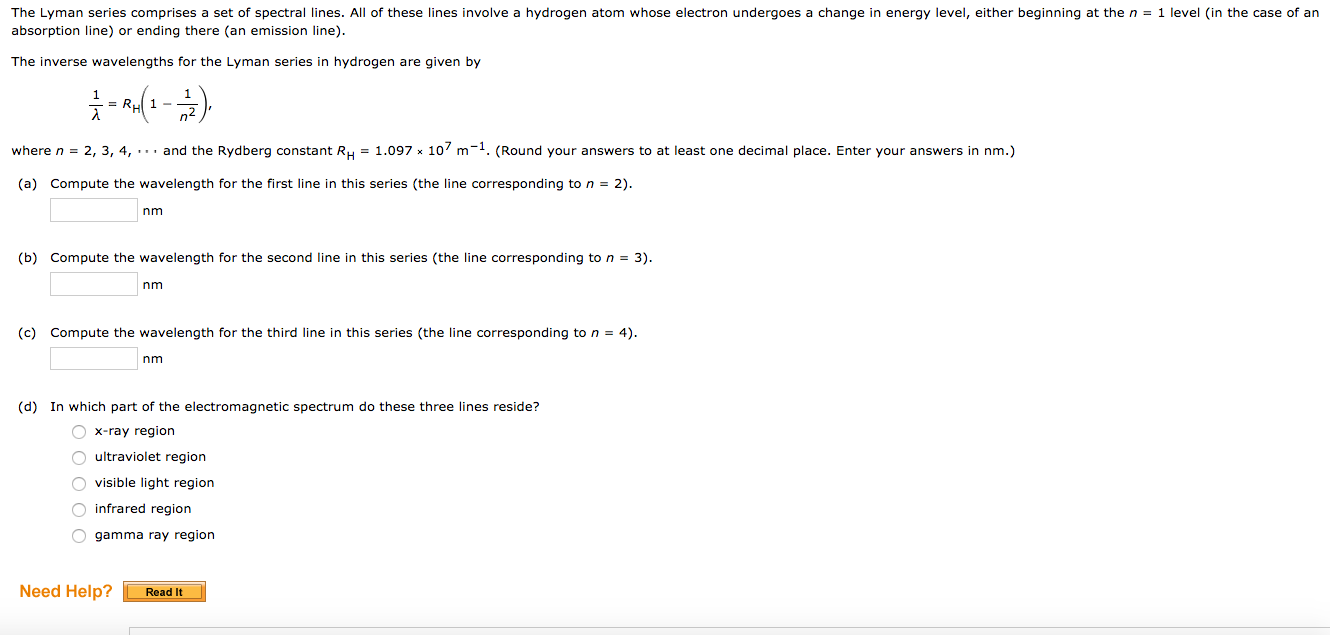 Solved The Lyman series comprises a set of spectral lines. | Chegg.com