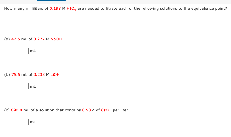 Solved How many milliliters of 0.198MHIO4 are needed to | Chegg.com