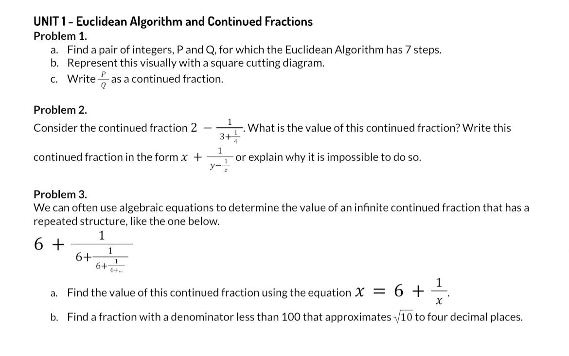 Solved UNIT 1 - Euclidean Algorithm And Continued Fractions | Chegg.com