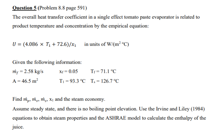 Question 5 (Problem 8.8 page 591) The overall heat | Chegg.com